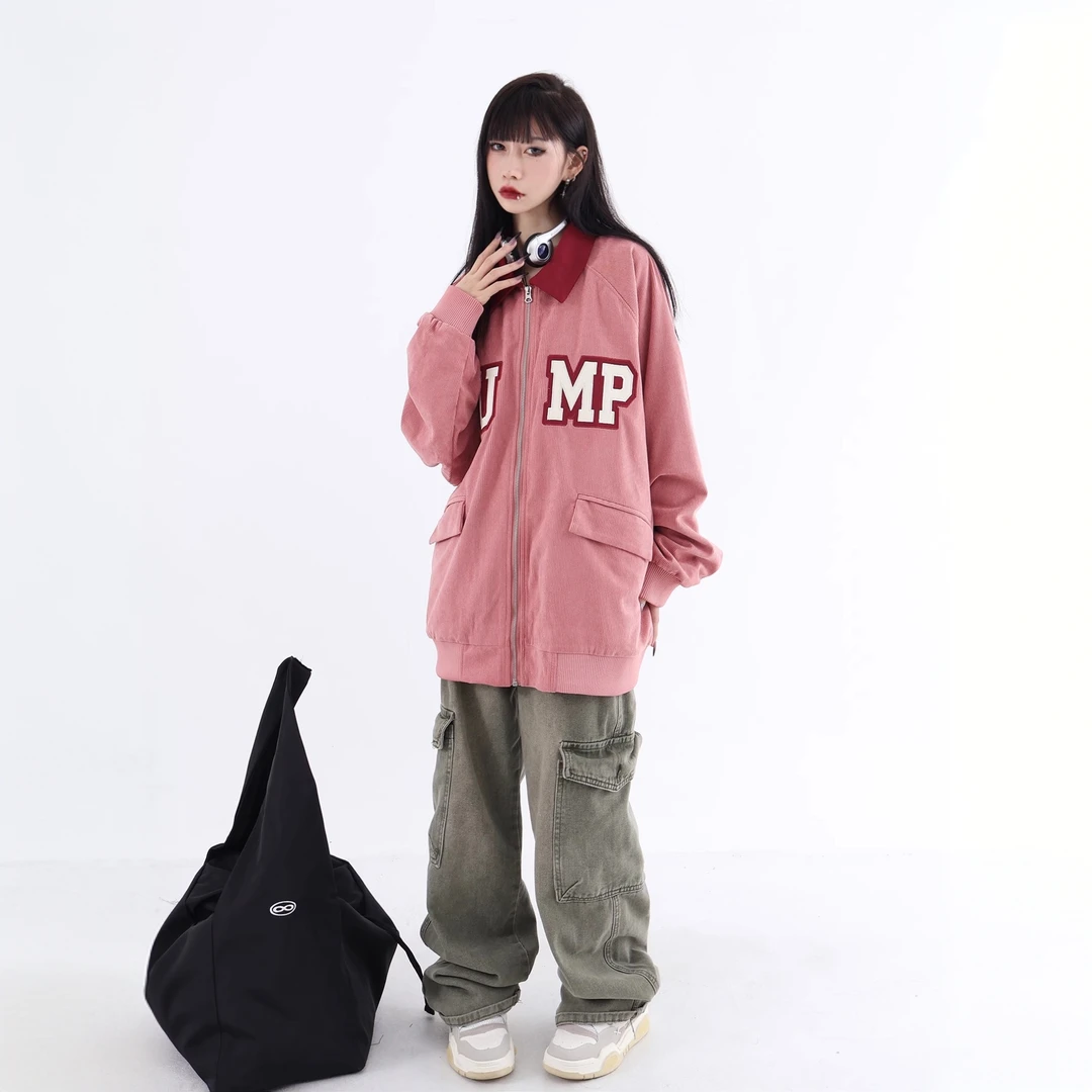 JUMP NEXT国潮牌情侣街头嘻哈宽松灯芯绒大logo双层贴布工装外套