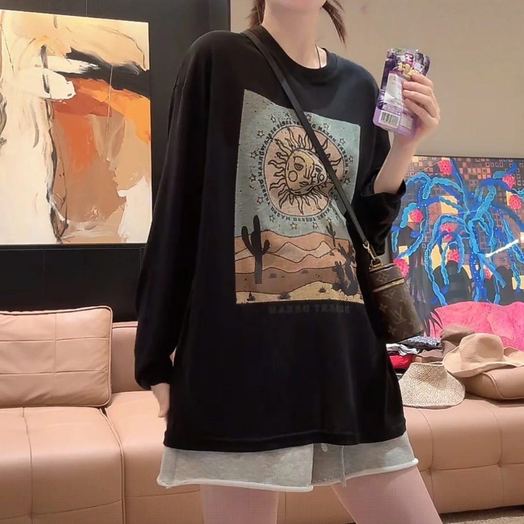 设计感时尚圆领舒适印花百搭长袖T恤女2025夏季新款休闲防晒上衣