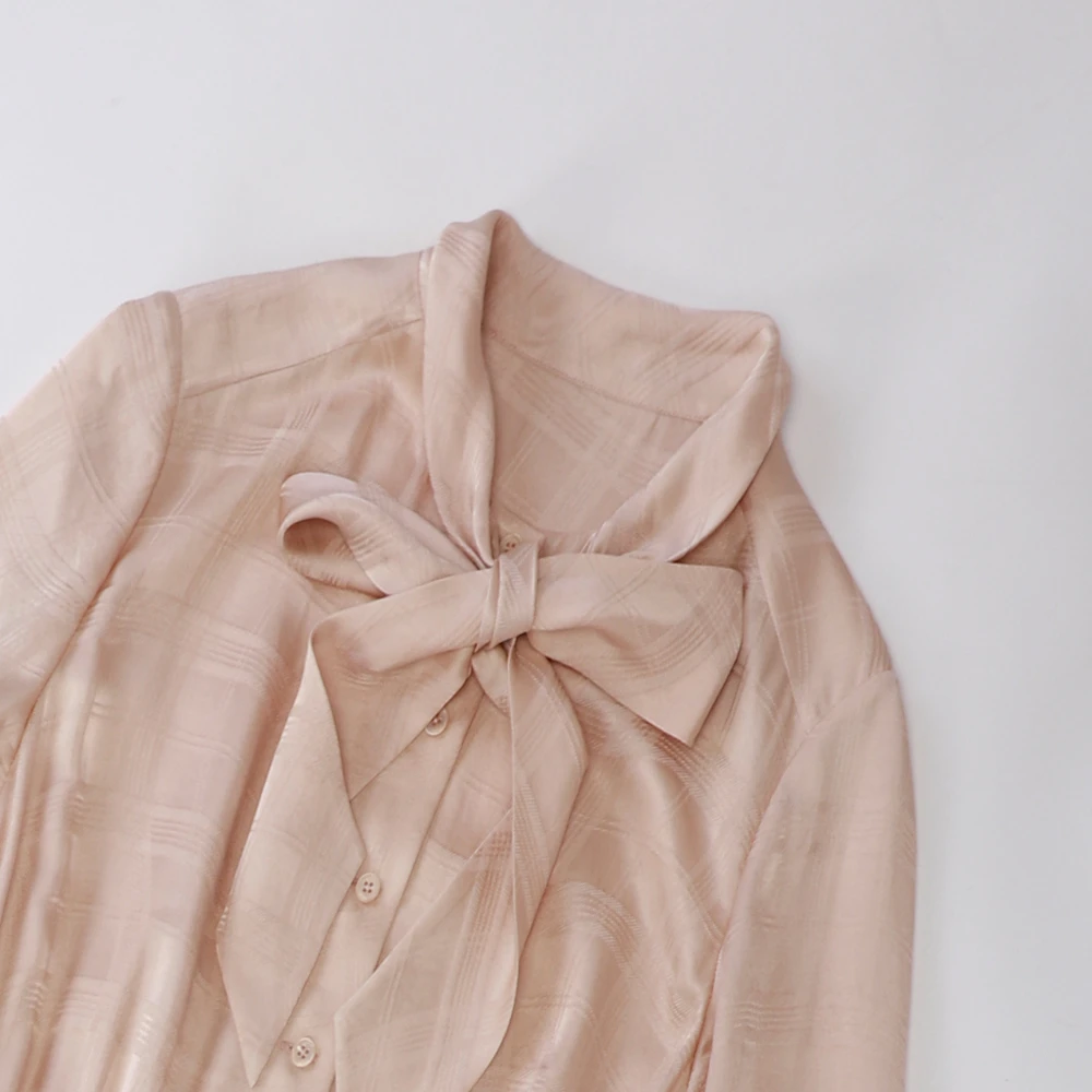 品牌新款桑蚕丝提花桑波缎长袖飘带通勤纯色长款连衣裙529298