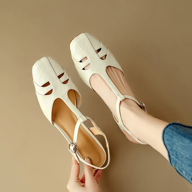 4cm~法式真皮镂空透气包头凉鞋女夏2025新款丁字带粗跟中跟单鞋女