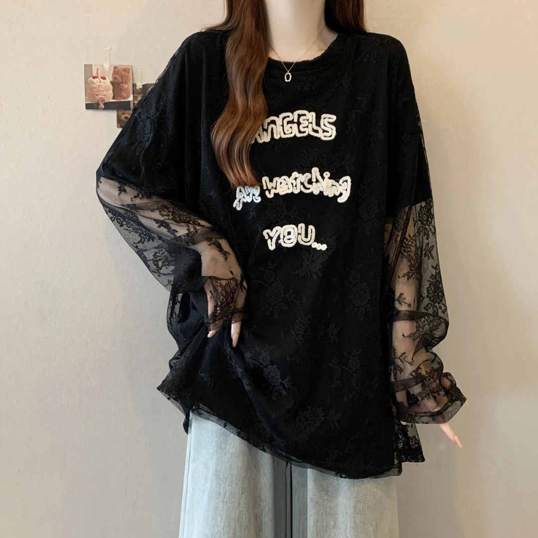 胖mm大码慵懒宽松上衣小众炸街高级感女装夏季假两件蕾丝拼接t恤