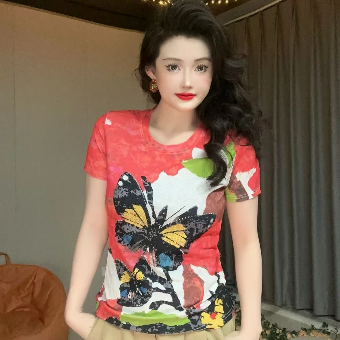 【夏季新款】欧洲重工烫钻印花短袖T恤女夏修身 显瘦民族风上衣蝴蝶