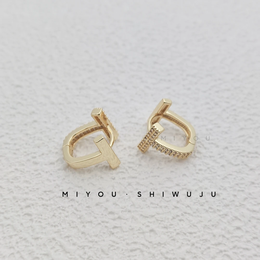 铜合金耳饰 铜金色T字镶钻耳扣金色耳扣气质复古简约ins