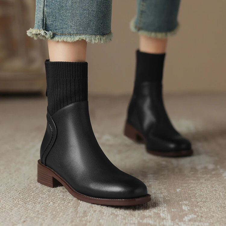 英伦风针织拼接弹力袜靴女2025年秋冬新款百搭圆头粗跟后拉链短靴