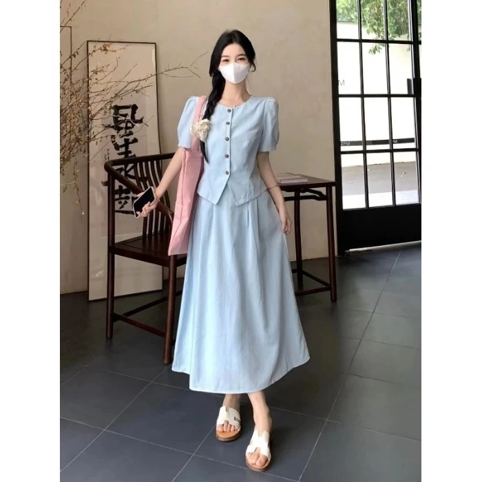 大码盐系穿搭套装女夏季时尚短袖衬衫胖MM遮肚显瘦半身裙子两件套