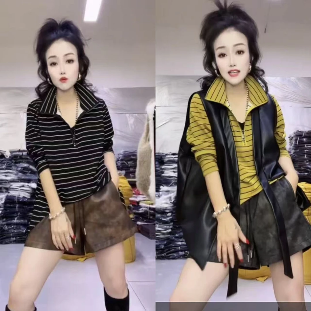 2025早春新款慵懒风立领半拉链设计前短后长轻奢感条纹长袖T恤