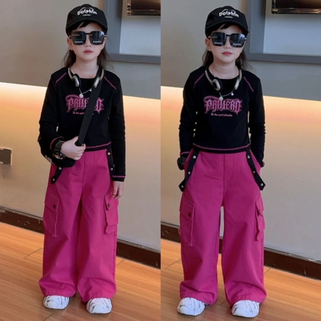 女童秋装套装中大童洋气女孩春秋款T恤打底衫时尚工装裤两件套