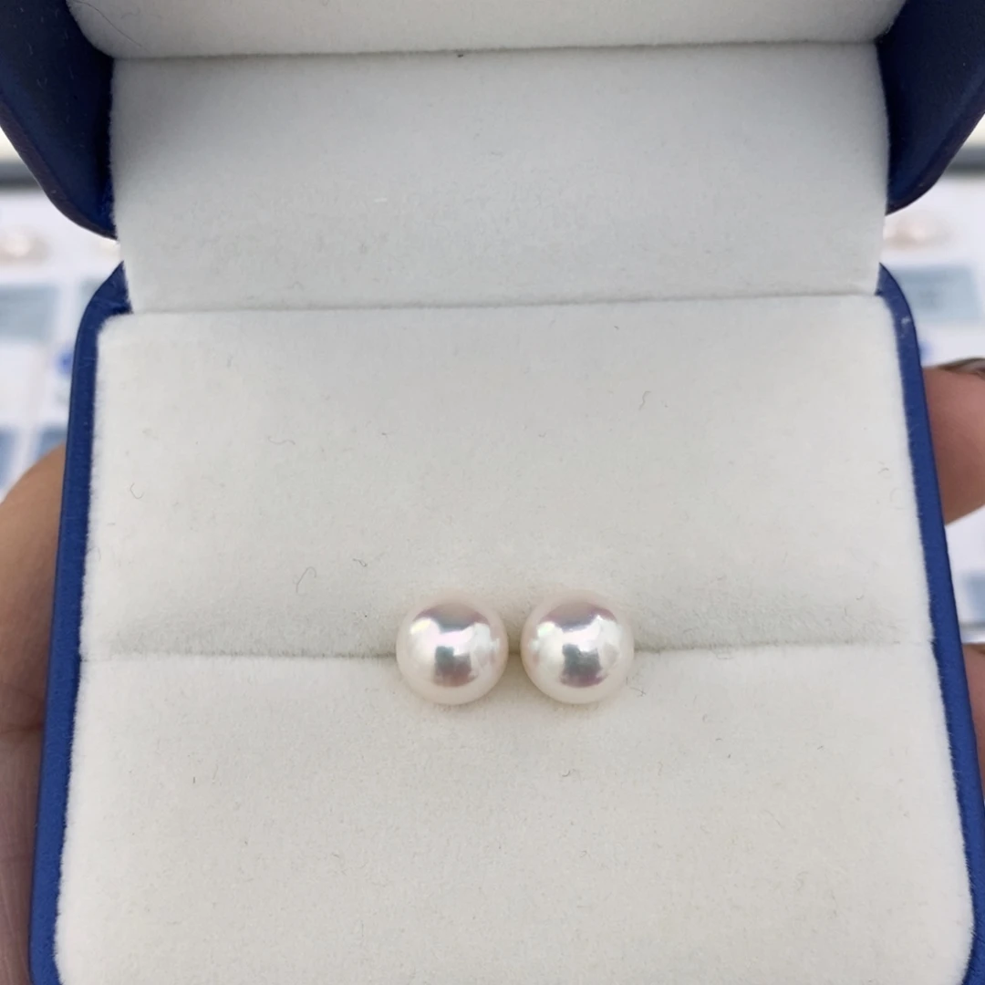 特选极光akoya耳钉成品海水珍珠银S925镶嵌