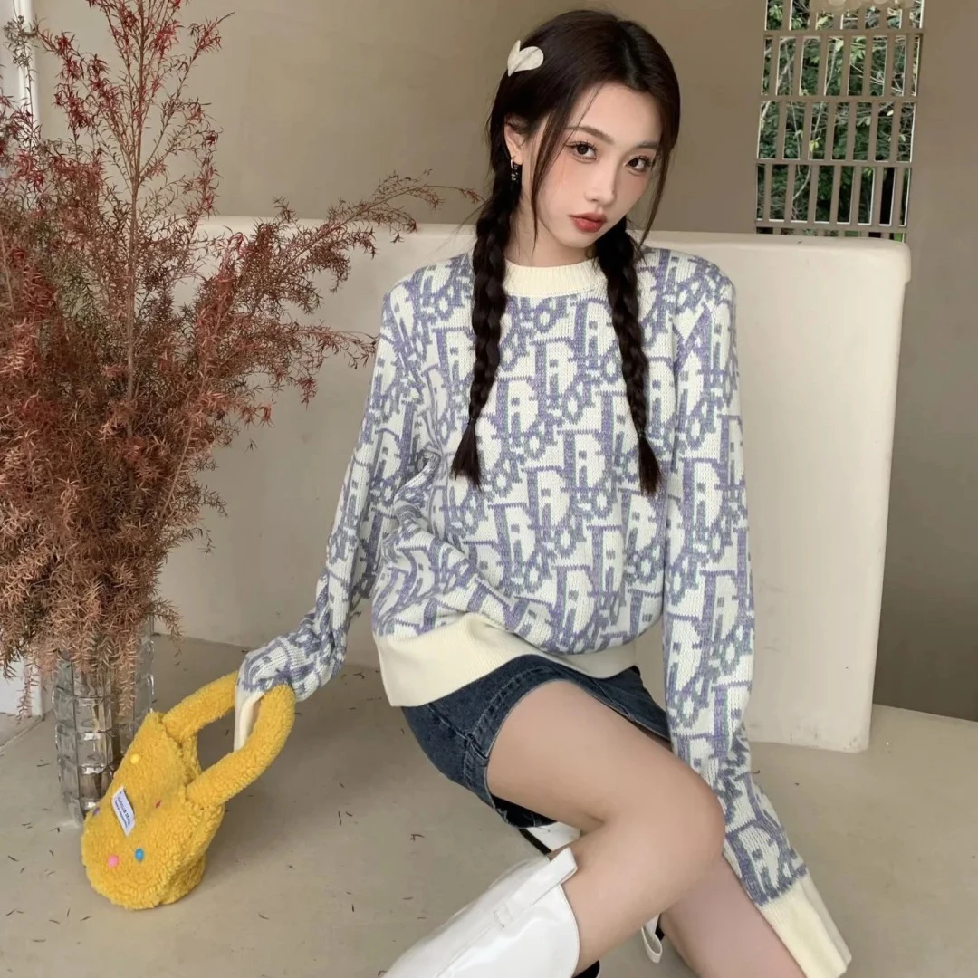 99新 DIOR/迪奥 001609 Dior迪奥 紫色羊毛老花满印针织毛衣 M码