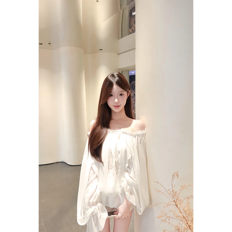 法式白色一字肩长袖雪纺衬衫夏季设计感小众收腰宽松显瘦防晒上衣