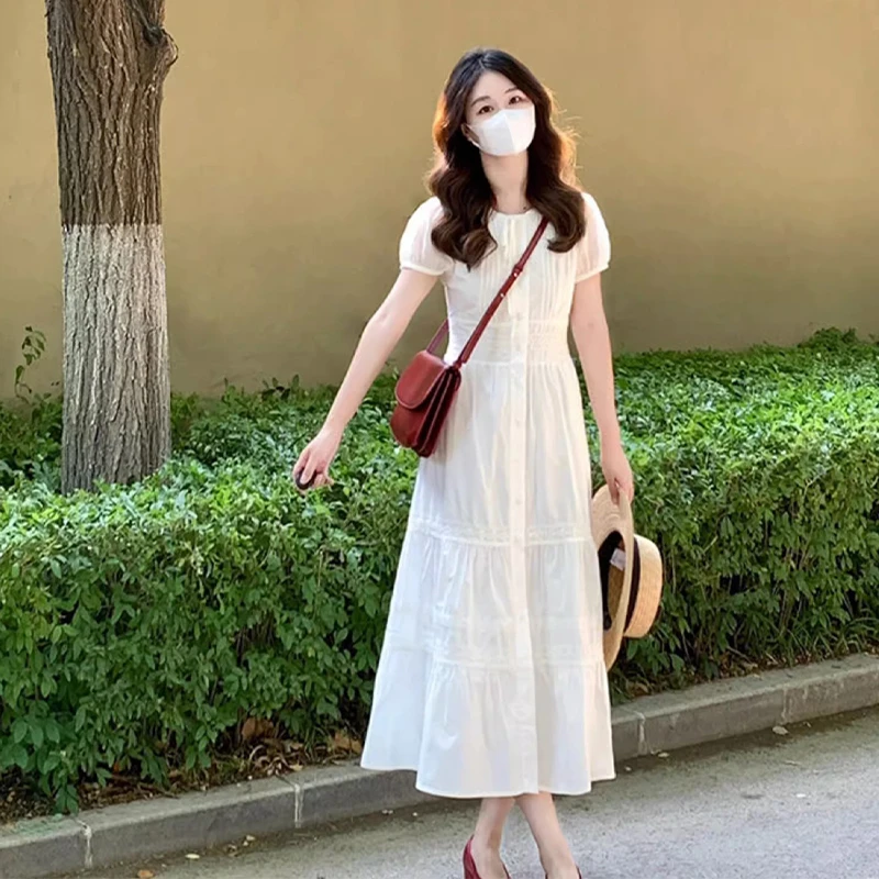 c622白色连衣裙女中长款夏季新款法式显瘦初恋小白裙蕾丝公主裙子