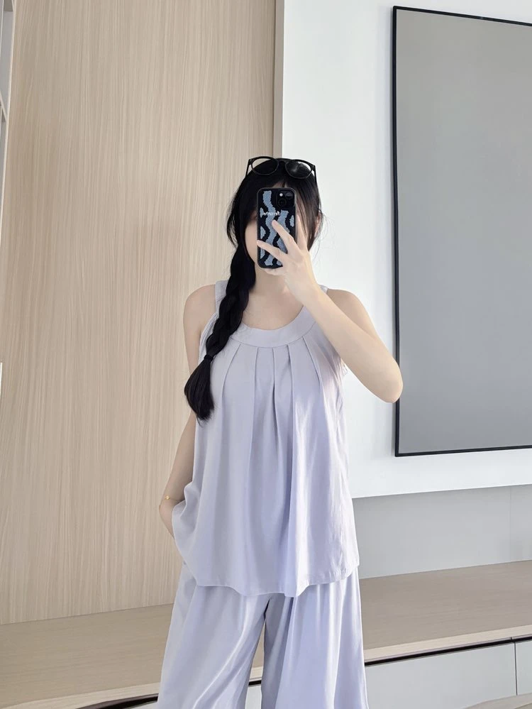 漏泽春19款夏季女款莱赛尔睡衣法式月牙款背心两件套