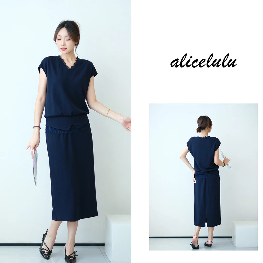 2 aliceluluV领拼蕾丝边收腰显瘦上衣半身裙套装S2143663L