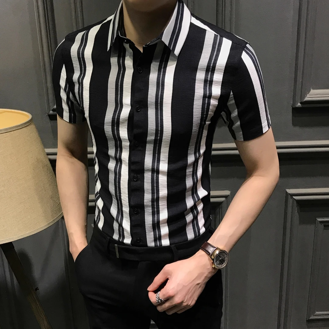 高级条纹短袖衬衫男2025夏季新款修身百搭衬衣商务潮流男装免烫寸