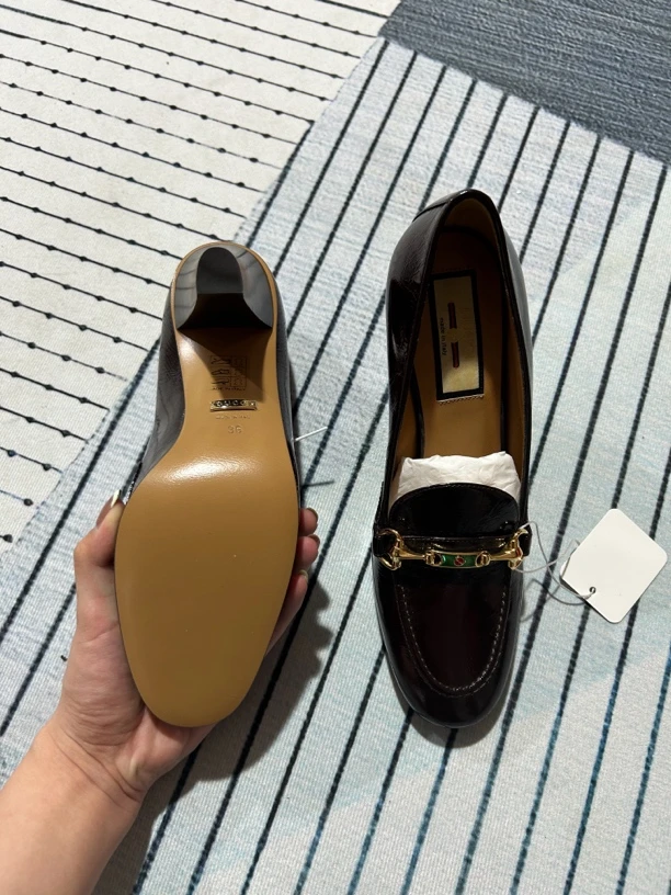 未使用 GUCCI/古驰 红棕色高跟乐福鞋三六码