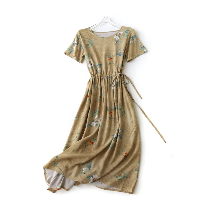 夏季时尚碎花棉绸连衣裙透气凉快大摆裙短袖收腰宽松显瘦绵绸长裙