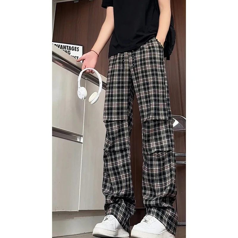 黑色百搭格子休闲裤男夏季美式潮流垂感直筒裤cleanfit痞帅长裤子