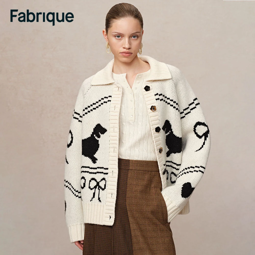 【赵老板专属】Fabrique粗棒针绵羊毛腊肠狗蝴蝶结提花针织开衫019