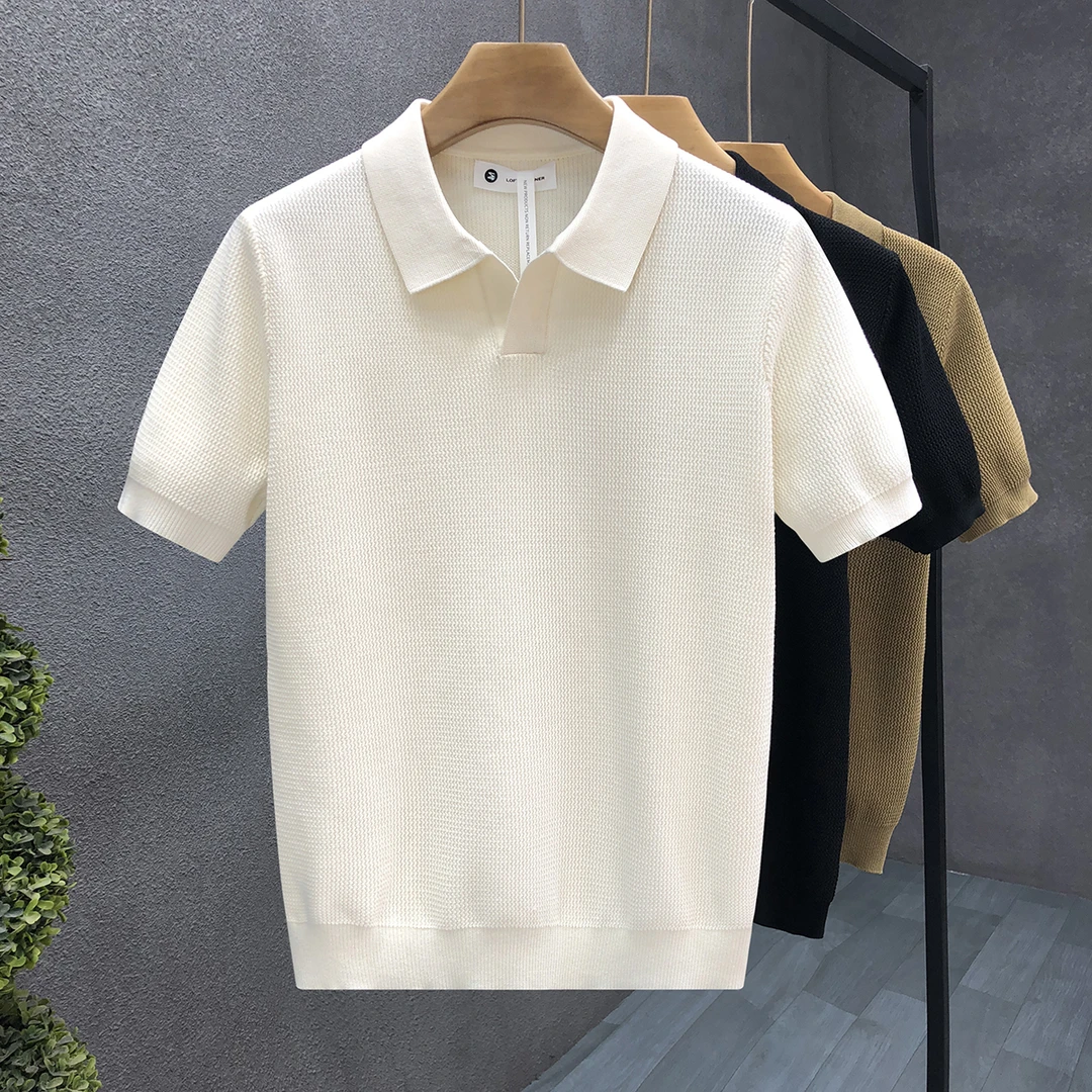 郎的流行奶白色春装薄款针织短袖t恤男生翻领短袖毛衣春秋季半袖