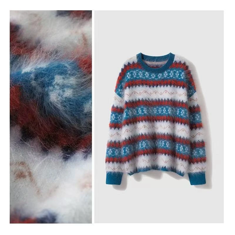 【条纹拉绒】100%山羊绒 圆领皇室拉绒红蓝提花