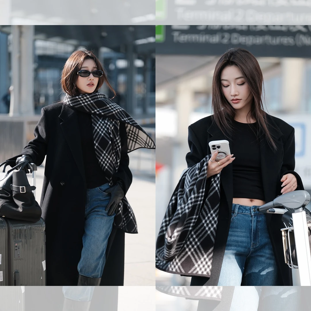 iLEFT左边日常穿搭配饰 时髦单品 冬季保暖黑白格纹围巾