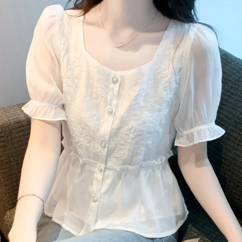 方领泡泡袖雪纺衬衫女夏季2025年新款设计感洋气减龄收腰小众上衣