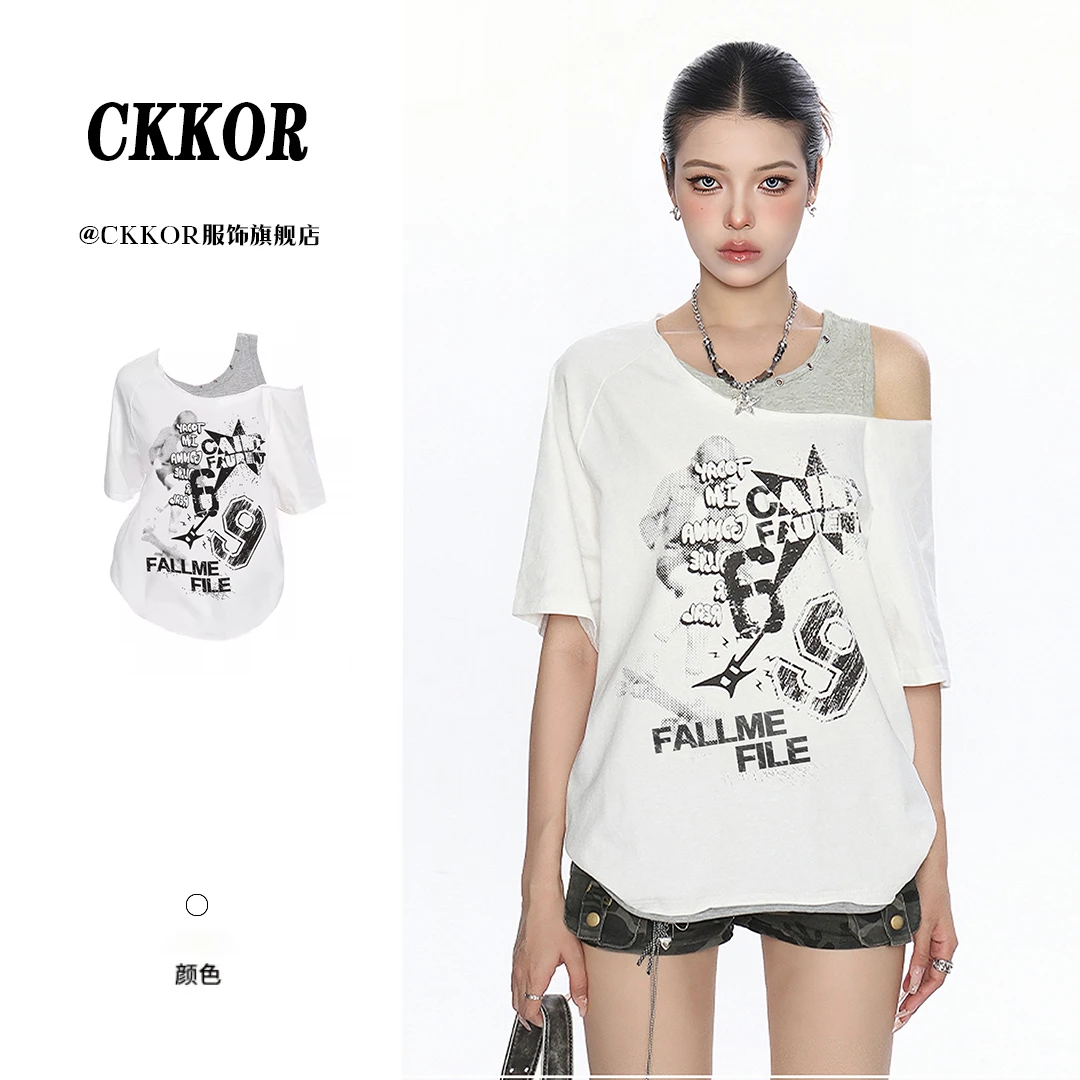 CKKOR夏季新款小个子显瘦斜肩短袖女辣妹工字u领设计款背心假两件