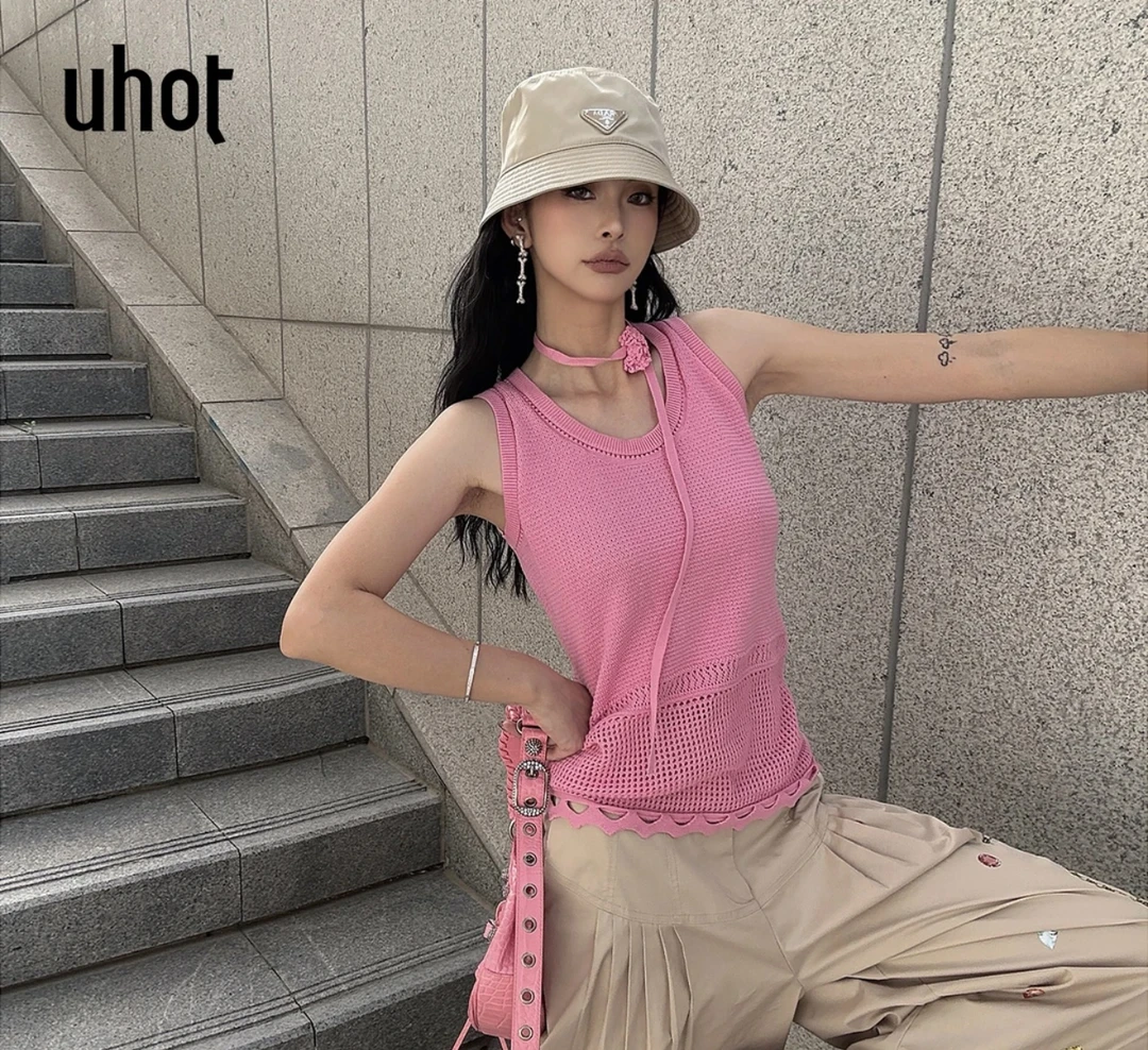 UHOT蓝/粉色外穿针织背心配：领装饰