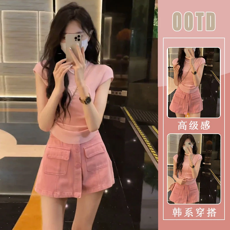 夏装搭配一整套时尚炸街小个子百搭修身短袖上衣显瘦牛仔裤裙套装