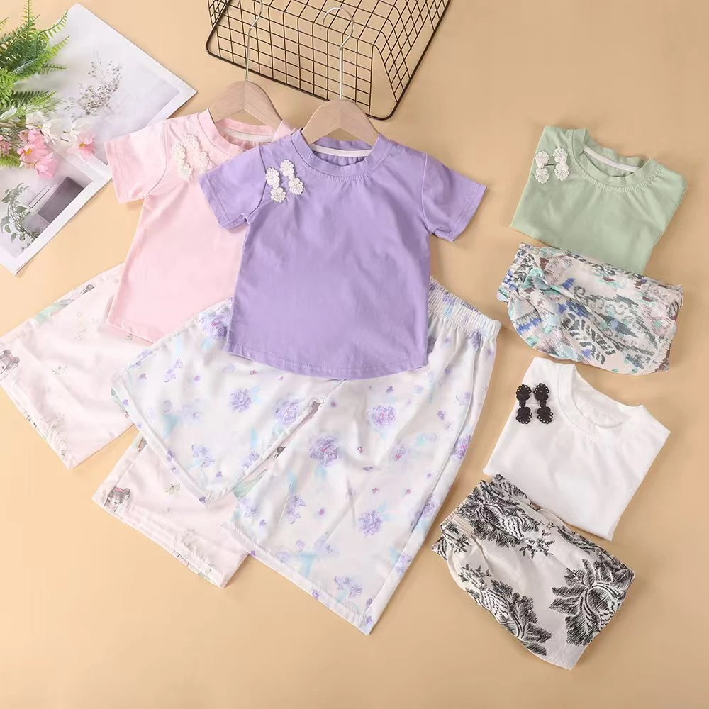 女童中式国风套装夏季复古盘扣短袖上衣碎花长裤洋气两件套