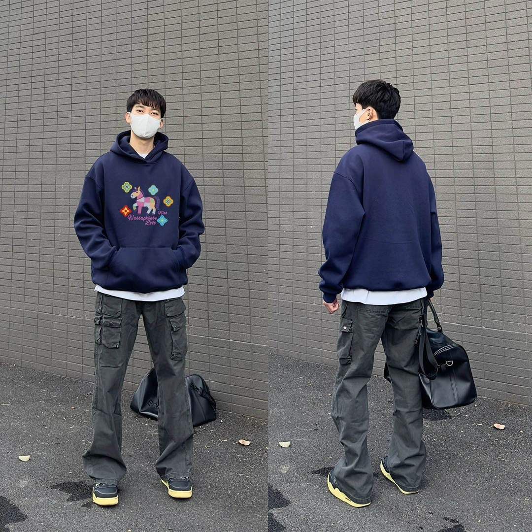 WASSUP HSUBE美式印花休闲长袖可爱卡通小马秋冬宽松卫衣情侣上衣