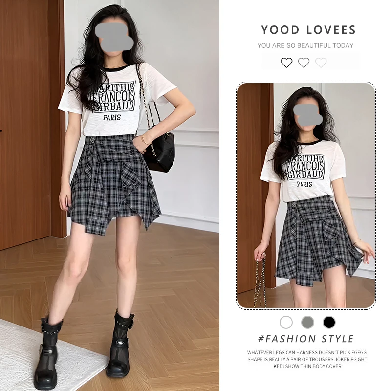 2025超火夏装穿搭一整套时尚字母短袖T恤女假两件半身裤裙两件套