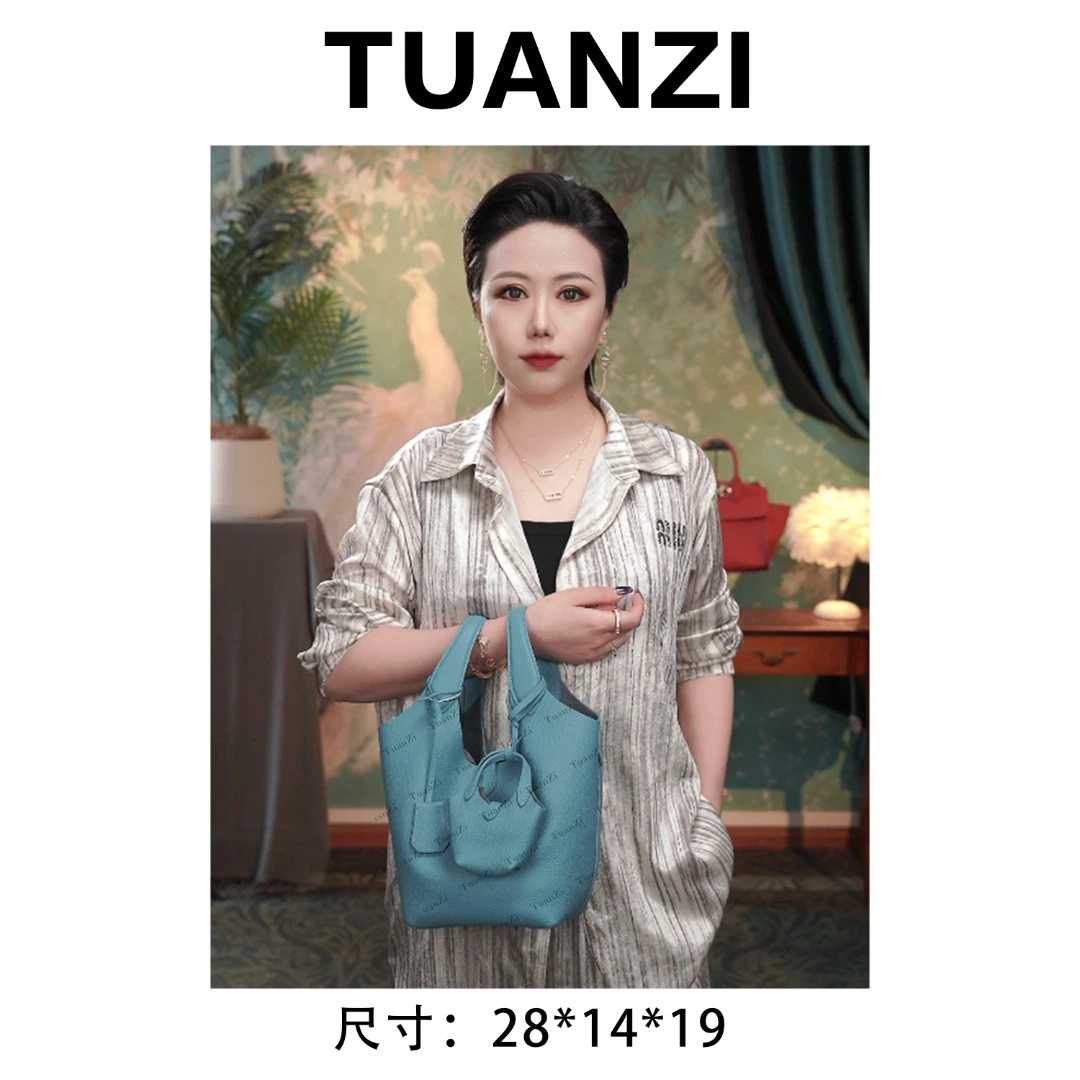 『TUAN′ZI』明星同款拉夫菜篮子头层Togo牛皮女包 XKY-6987-牛仔蓝