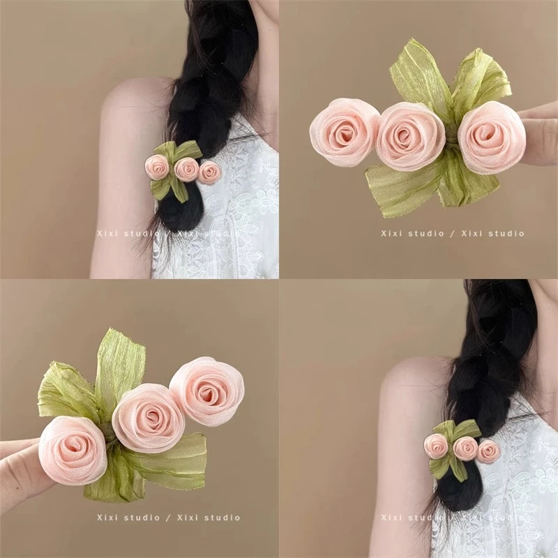 森系玫瑰花发夹夏季氛围感花朵头饰发卡侧边夹2025新款麻花辫发饰