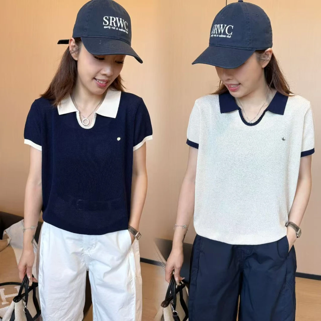 二姐的宝藏夏款韩版针织撞色小翻领百搭休闲宽松短袖上衣#25206