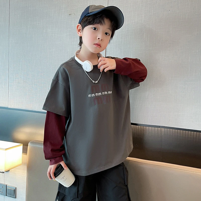 男童卫衣2025潮牌新款洋气儿童圆领打底衫中大童假两件长袖上衣