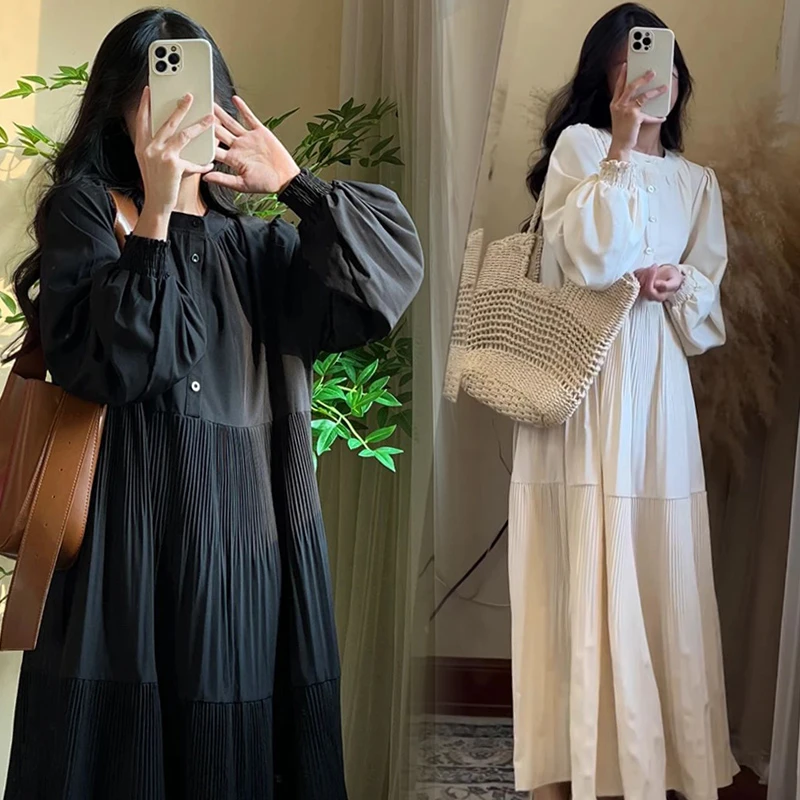 孕妇装春季新款时尚圆领灯笼袖压褶宽松显瘦长款连衣裙