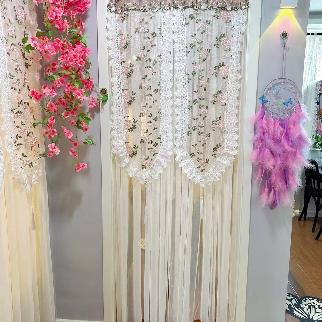 轻奢高定双层流苏边碎免打孔安装隔断门帘纱帘蕾丝