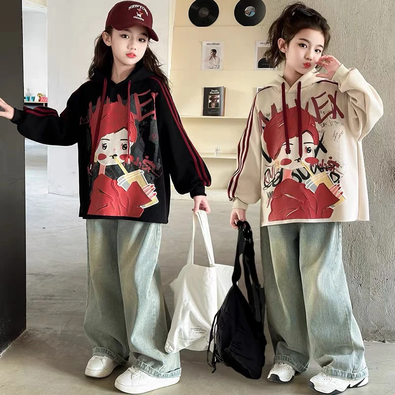 女童新款洋气卫衣套装女童立体抛浆印花卫衣套装女童潮款爆款套装