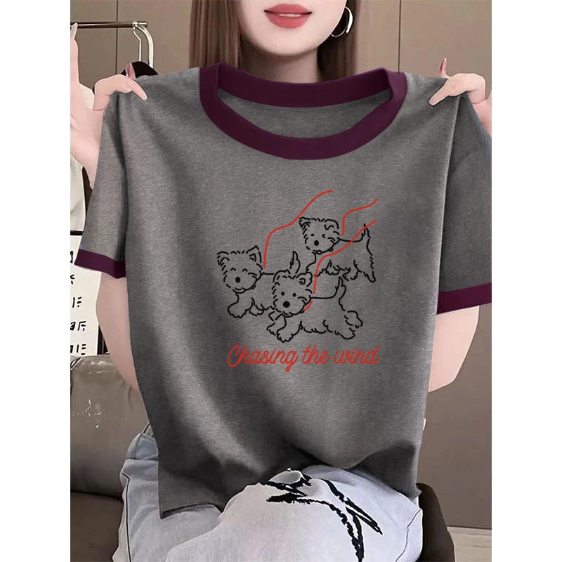 设计感小众撞色正肩短袖T恤女潮2025新款时尚百搭深灰色上衣夏季