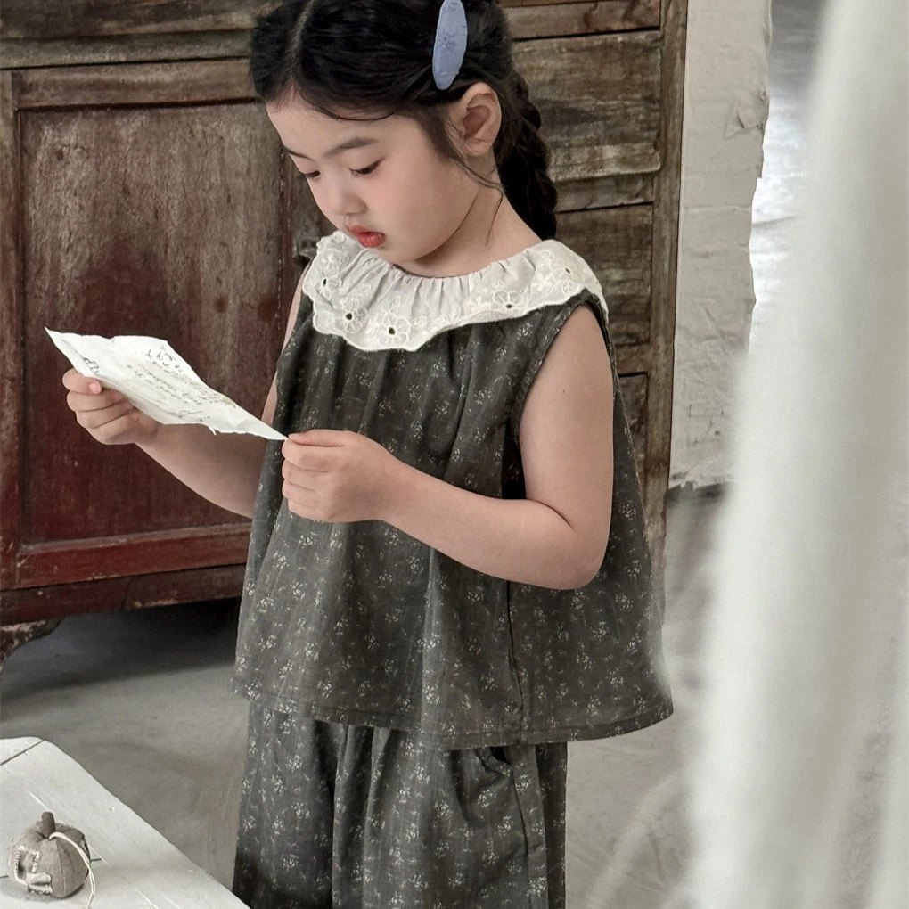 女童夏季套装2025夏季新品韩国童装韩版蕾丝花边领碎花女童两件套
