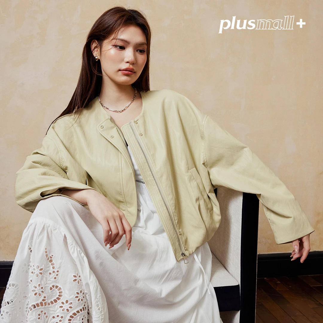 【折扣款】PLUSMALL 奶油青柠 复古巴恩风PU圆领拉链外套PM2502025