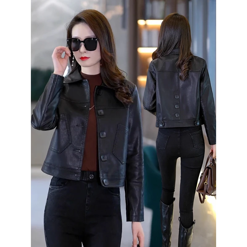 拉夏贝尔机车风上衣女2025年秋季新款时尚减龄显瘦百搭PU皮外套