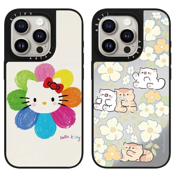 【高版磨砂黑框】花朵KT猫手机壳适用苹果iPhone16/11硬背软边