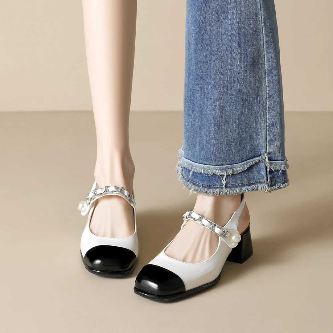 百搭新款百搭法式方头高跟鞋女粗跟一字带拼色包头后空凉鞋女夏