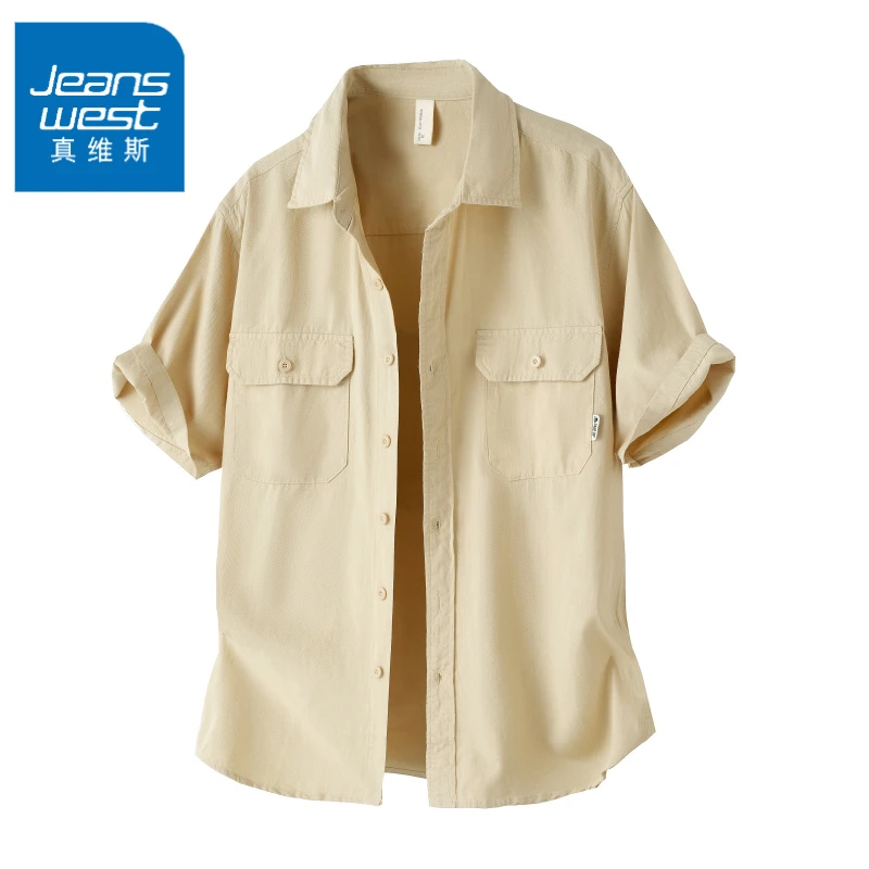 Jeanswest/真维斯高级感夏季新款高端休闲百搭外套衬衣短袖衬衫男