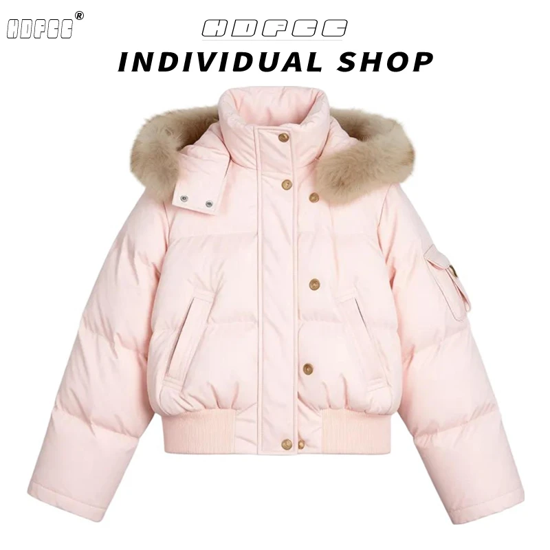 粉色大毛领连帽工装棉服女冬季2025年新款加厚保暖短款面包服外套