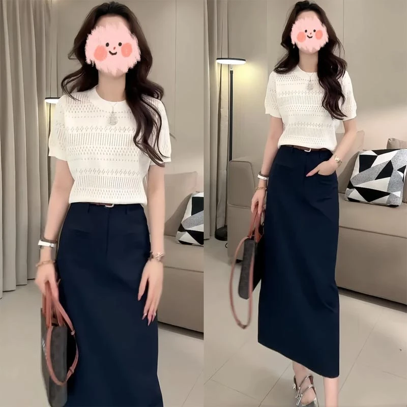 2025春夏新款设计感镂空针织修身短袖T恤百搭半身裙女小众两件套