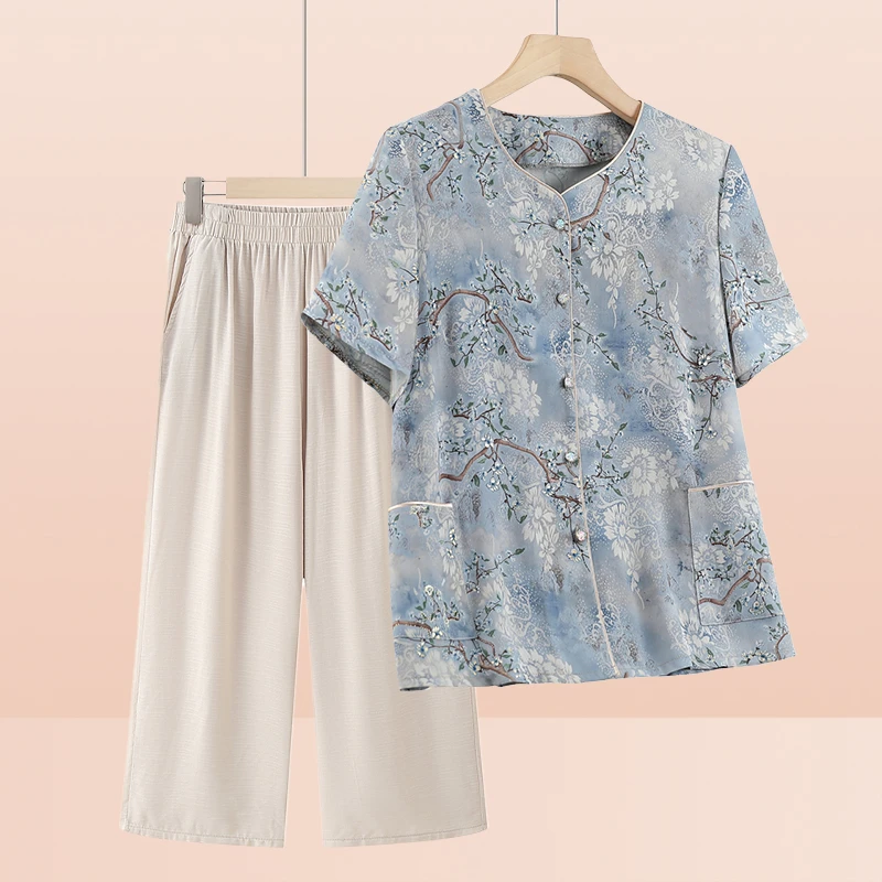 新品洋气奶奶装夏季短袖衬衫套装中老年女装妈妈装大码上衣两件套