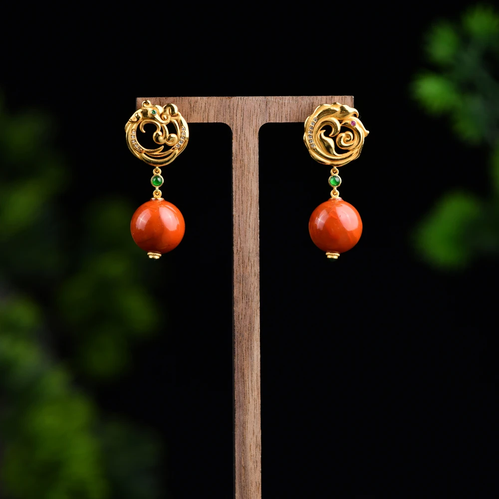 戊申堂珠珠 S925银鎏金 南红耳饰 国风珠宝